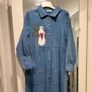 New Denim Holiday Maxi/Midi-Dress,Colorful Appliques, long sleeves, pockets, S/M